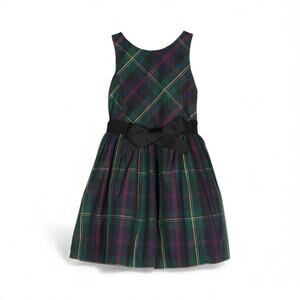 Polo Ralph Lauren Girls Checked Bow Embellished Dress Size 12 Green Plaid